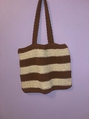 a new day Brown and Cream Striped Crochet Tote